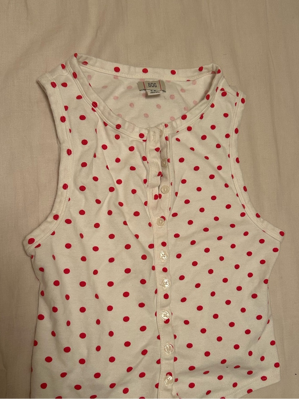 BDG White Tank with Red Polka Dots and Front Buttons